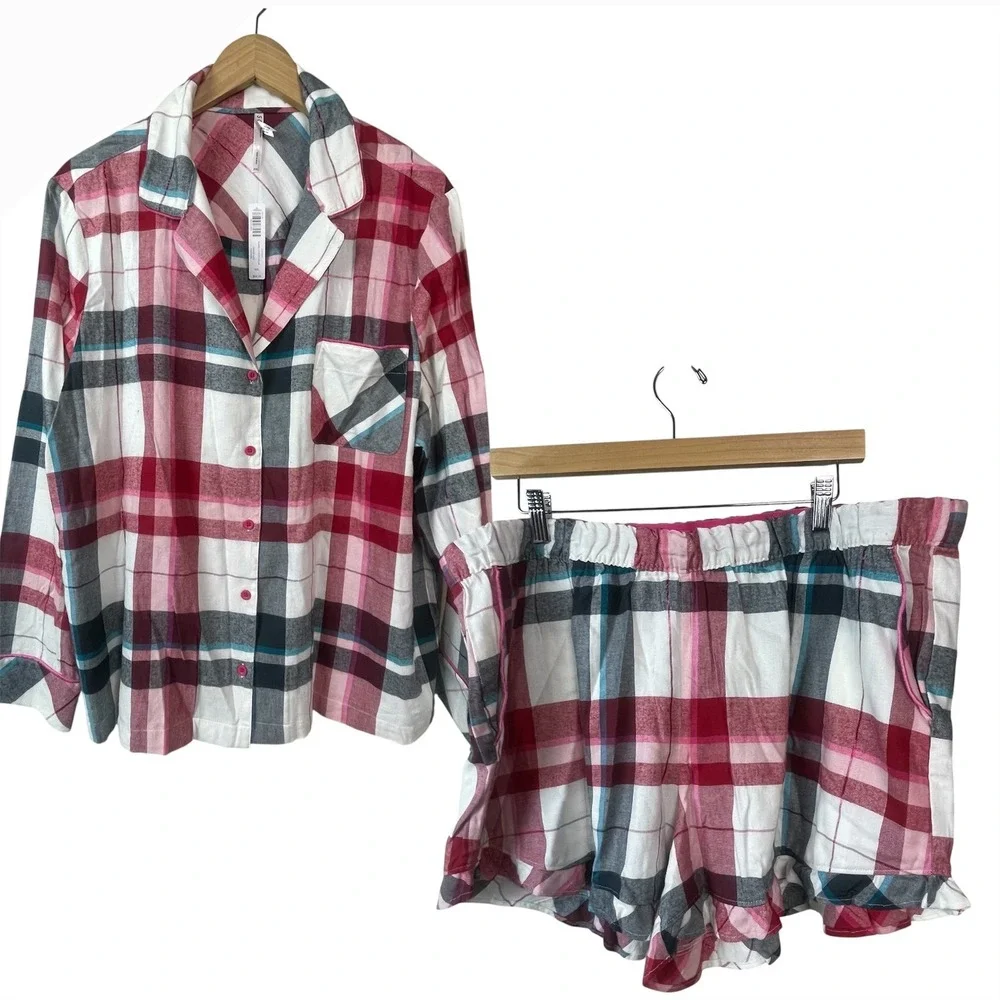 Soma‎ Flannel Pajama Set Womens XXL Red Pink Plaid NWT Metallic Fireside PJ